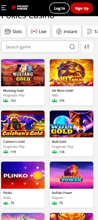 Pocket Pokies Casino games screen on a mobile device
