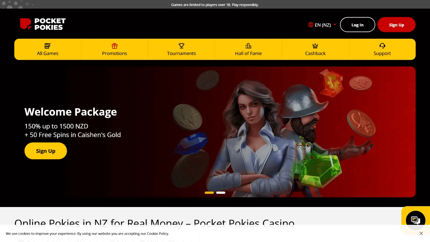 Pocket Pokies Casino home screen on desktop