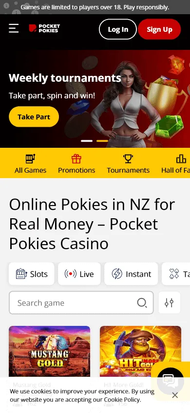 Pocket Pokies Casino home screen on a mobile device